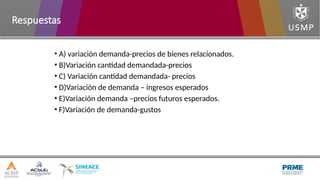 • A) variación demanda-precios de bienes relacionados.
• B)Variación cantidad demandada-precios
• C) Variación cantidad demandada- precios
• D)Variación de demanda – ingresos esperados
• E)Variación demanda –precios futuros esperados.
• F)Variación de demanda-gustos
Respuestas
 