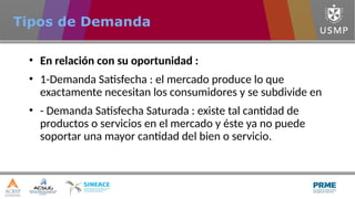 • En relación con su oportunidad :
• 1-Demanda Satisfecha : el mercado produce lo que
exactamente necesitan los consumidores y se subdivide en
• - Demanda Satisfecha Saturada : existe tal cantidad de
productos o servicios en el mercado y éste ya no puede
soportar una mayor cantidad del bien o servicio.
Tipos de Demanda
 