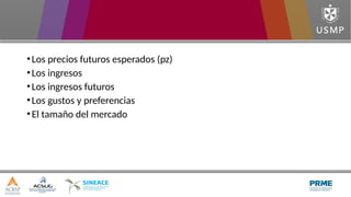 •Los precios futuros esperados (pz)
•Los ingresos
•Los ingresos futuros
•Los gustos y preferencias
•El tamaño del mercado
 