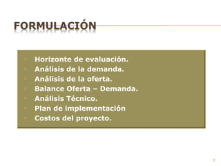  Horizonte de evaluación.
 Análisis de la demanda.
 Análisis de la oferta.
 Balance Oferta – Demanda.
 Análisis Técnico.
 Plan de implementación
 Costos del proyecto.
3
 