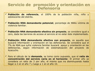 30
Servicio de promoción y orientación en
Defensoría
 Población de referencia, el 100% de la población niña, niño y
adolescente del distrito.
 Población NNA demandante potencial, porcentaje de NNAs víctima de
violencia familiar.
 Población NNA demandante efectiva sin proyecto, se considera igual a
cero, dada las barreras de acceso al servicio al no estar éste implementado.
 Población NNA demandante efectiva con proyecto, es aquella que
buscará información y orientación en las defensorías. Se considera que el
7% de NNA que sufre violencia familiar buscará apoyo y orientación en las
defensorías, según información de sistematización del proyecto de
Ayacucho.
 Para el cálculo de la demanda, se toma como supuesto, que el ratio de
concentración del servicio varía en el horizonte: El primer año se
considera un ratio de 3 por año, el mismo que ira disminuyendo hasta
llegar a 2 en el año 7 y luego a 1 en el año 10.
 