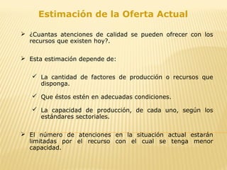Estimación de la Oferta Actual
 ¿Cuantas atenciones de calidad se pueden ofrecer con los
recursos que existen hoy?.
 Esta estimación depende de:
 La cantidad de factores de producción o recursos que
disponga.
 Que éstos estén en adecuadas condiciones.
 La capacidad de producción, de cada uno, según los
estándares sectoriales.
 El número de atenciones en la situación actual estarán
limitadas por el recurso con el cual se tenga menor
capacidad.
 
