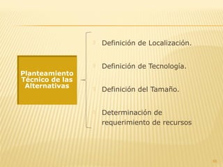  Definición de Localización.
 Definición de Tecnología.
 Definición del Tamaño.
 Determinación de
requerimiento de recursos
65
Planteamiento
Técnico de las
Alternativas
 