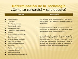 Determinación de la Tecnología
¿Cómo se construirá y se producirá?
Criterios Aplicación
• Financiamiento
• Localización
• Tamaño del proyecto
• Economías de escala
• Usos y costumbres
• Características del producto
• Insumos
• Garantías de mantenimiento
• Obsolescencia
• Dependencia del proveedor
• Políticas arancelarias
• Políticas sobre tecnología
• Protección
• Régimen de contratación
• Impacto ambiental
• Seguridad industrial
• Analizar fragilidad y resiliencia.
• Los servicios serán implementados y fortalecidos
adecuándolos a las características socioculturales de
la población.
• Se considerará la vida útil de los recursos físicos y las
necesidades de actualización de capacidades en la
programación de necesidades de recursos.
• Se considerarán los aspectos de acceso geográfico
(distancia, infraestructura vial) para la
implementación con equipos adecuados, como
equipos de comunicación, por ejemplo, entre los
servicios que integrarán la Red de Prevención y
Atención Local que se implementará con el PIP.
 