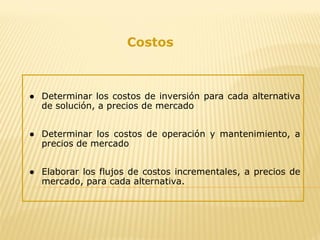 Costos
● Determinar los costos de inversión para cada alternativa
de solución, a precios de mercado
● Determinar los costos de operación y mantenimiento, a
precios de mercado
● Elaborar los flujos de costos incrementales, a precios de
mercado, para cada alternativa.
 