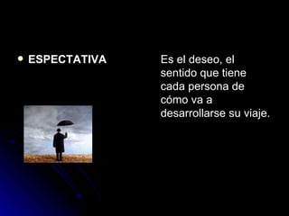 ESPECTATIVA Es el deseo, el sentido que tiene cada persona de cómo va a desarrollarse su viaje. 