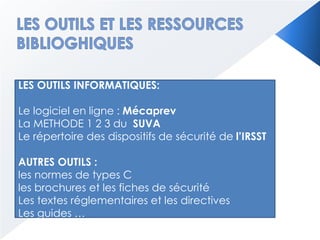 LES OUTILS INFORMATIQUES:
Le logiciel en ligne : Mécaprev
La METHODE 1 2 3 du SUVA
Le répertoire des dispositifs de sécurité de l’IRSST
AUTRES OUTILS :
les normes de types C
les brochures et les fiches de sécurité
Les textes réglementaires et les directives
Les guides …
 