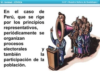 En el caso de
Perú, que se rige
por los principios
representativos,
periódicamente se
organizan
procesos
electorales y
también la
participación de la
población.
Vi- Unidad : CÍVICA I.E.P «Nuestra Señora de Guadalupe»
 