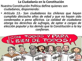 La Ciudadanía en la Constitución
Nuestra Constitución Política define quienes son
ciudadanos, disponiendo:
• Artículo 13.- Son ciudadanos los chilenos que hayan
cumplido dieciocho años de edad y que no hayan sido
condenados a pena aflictiva. La calidad de ciudadano
otorga los derechos de sufragio, de optar a cargos de
elección popular y los demás que la Constitución o la ley
confieran.
 