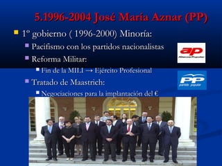 5.1996-2004 José María Aznar (PP)


1º gobierno ( 1996-2000) Minoría:
Pacifismo con los partidos nacionalistas
 Reforma Militar:






Fin de la MILI → Ejército Profesional

Tratado de Maastrich:


Negociaciones para la implantación del €

 