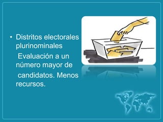 • Distritos electorales
  plurinominales
   Evaluación a un
  número mayor de
   candidatos. Menos
  recursos.
 