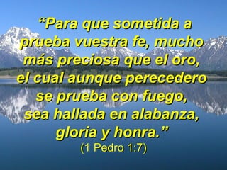 ““Para que sometida aPara que sometida a
prueba vuestra fe, muchoprueba vuestra fe, mucho
más preciosa que el oro,más preciosa que el oro,
el cual aunque perecederoel cual aunque perecedero
se prueba con fuego,se prueba con fuego,
sea hallada en alabanza,sea hallada en alabanza,
gloria y honra.gloria y honra.””
(1 Pedro 1:7)(1 Pedro 1:7)
 
