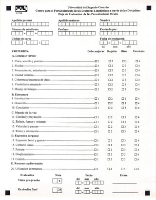 II~                                                         Universidad del Sagrado Corazón
                                 Centro para el Fortalecimiento  de las Destrezas Llngüístícas                        a través de las Disciplinas
                                                                                                                                                            11
         27798                                      Hoja de Evaluación de las Presentaciones                          Orales

                                                         Apellido materno                                    Nombre


     Número de estudiante                                Profesor                                            Evaluado      por:
     ITD - []J -ITITJ
     Código de curso                                                                                         Fecha de evaluación
     ITD -ITD - []J                                                                                          []J -[]J -ITITJ
                                                                                                              dd           mm             año
     CRITERIOS:                                                                               Debe mejorar         Regular         Bien         Excelente
     A. Lenguaje       verbal:

     1. Claro, sencillo y preciso-------------------------------------------------------0                1            02           03             04
     2. Fluidez--------------------------------------------------------------------------.0              1            02           03             04
     3. Pronunciación,      articulación --------------------------------------------------_0            1            02           03             04
     4. Unidad temática-------------------------------------~-------------------------_0                 1            02           03             04
     5. Coherencia/ secuencia de ideas-----------------------------------------------O                   1            02           03             04
     6. Vocabulario apropiado--------------------------------------------------------0                   1            02           03             04
     7. Manejo del tiempo-------------------------------------------------------------             O 1             02              03            04

     B. Estructura
     8. Introducción -------------------- ------------------------------------------------         O 1             02              03            04
     9. Desarrollo----------------------------------------------------------------------_0.           1            02              03            04
     10. Conclusión--------------------------------------------------------------------0              1            02              03            04
     C. Manejo de la voz
     11. Claridad y proyección ------------------------------------------------------.0               1            02              03            04
     12. Énfasis, fuerza y volumen---------------------------~-----------------------O                1            02              03            04
     13. Velocidad y pausas-----------------------------------------------------------0               1            02              03            04
     14. Ritmo y entonación----------------------------------------------------------0                1            02              03            04
     D. Expresión      corporal
     15. Expresión facial y gestos----------------------------------------------------O               1            02              03            04
     16. Contacto vísual---------------------------------------------------------------0              1            02              03            04
     17. Postura-------------------------------------------------------------------------0            1            02              03            04
     18. Desp lazami ento- ---- ----------- -----------------------------------------------0          1            02             03             04
     19. Control-----------------------------------------------------------------~------_O            1            02             03             04
     E. Recursos     audiovisuales

 20. Utilización de recursos------------------------------------------------------.[J                1             02             03             04

               Evaluación                             Nota                              Fecha                                     Firma
            Video pre-prueba
                                                   [TI                        dd
                                                                             DJ-[D-Oll]
                                                                                        mm         año




11
            Grabación      final
                                                   rn                         dd·
                                                                             [O-[O-Oll]
                                                                                       mm           año

                                                                                                                                                            11
 