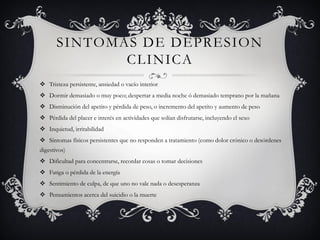 SINTOMAS DE DEPRESION CLINICA 
Tristeza persistente, ansiedad o vacío interior 
Dormir demasiado o muy poco; despertar a media noche ó demasiado temprano por la mañana 
Disminución del apetito y pérdida de peso, o incremento del apetito y aumento de peso 
Pérdida del placer e interés en actividades que solían disfrutarse, incluyendo el sexo 
Inquietud, irritabilidad 
Síntomas físicos persistentes que no responden a tratamiento (como dolor crónico o desórdenes digestivos) 
Dificultad para concentrarse, recordar cosas o tomar decisiones 
Fatiga o pérdida de la energía 
Sentimiento de culpa, de que uno no vale nada o desesperanza 
Pensamientos acerca del suicidio o la muerte  