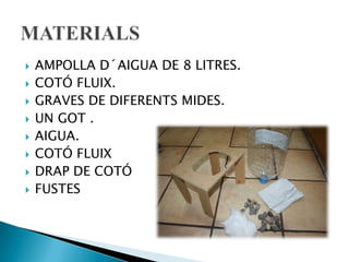 









AMPOLLA D´AIGUA DE 8 LITRES.
COTÓ FLUIX.
GRAVES DE DIFERENTS MIDES.
UN GOT .
AIGUA.
COTÓ FLUIX
DRAP DE COTÓ
FUSTES

 