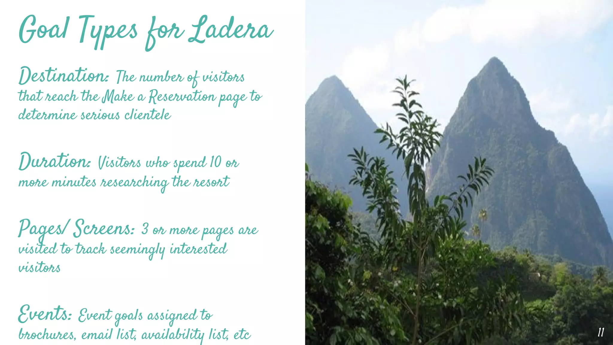 Goal Types for Ladera
10
Destination: The number of visitors
that reach the Make a Reservation page to
determine serious clientele
Duration: Visitors who spend 10 or
more minutes researching the resort
Pages/ Screens: 3 or more pages are
visited to track seemingly interested
visitors
Events: Event goals assigned to
brochures, email list, availability list, etc 11
 