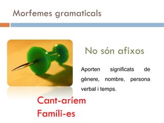 Morfemes gramaticals No són afixos Cant-aríem Famíli-es Aporten significats de gènere, nombre, persona verbal i temps. 