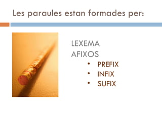 Les paraules estan formades per: <ul><li>LEXEMA </li></ul><ul><li>AFIXOS </li></ul><ul><ul><ul><li>PREFIX </li></ul></ul><...