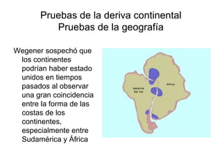 Pruebas de la deriva continental
          Pruebas de la geografía

Wegener sospechó que
 los continentes
 podrían haber estado
 unidos en tiempos
 pasados al observar
 una gran coincidencia
 entre la forma de las
 costas de los
 continentes,
 especialmente entre
 Sudamérica y África
 