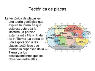 Tectónica de placas

La tectónica de placas es
  una teoría geológica que
  explica la forma en que
  está estructurada la
  litósfera (la porción
  externa más fría y rígida
  de la Tierra). La teoría da
  una explicación a las
  placas tectónicas que
  forman la superficie de la
  Tierra y a los
  desplazamientos que se
  observan entre ellas .
 