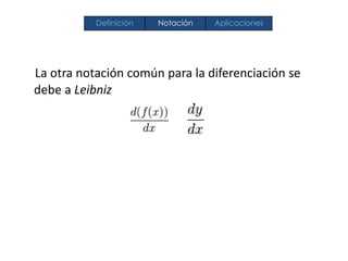 La otra notación común para la diferenciación se
debe a Leibniz
Definición Notación Aplicaciones
 