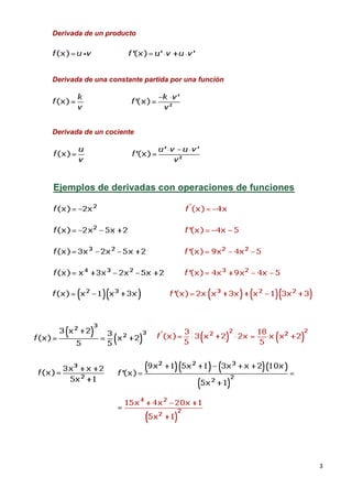 Derivada de un producto




Derivada de una constante partida por una función




Derivada de un cociente




Ejemplos de derivadas con operaciones de funciones




                                                     3
 