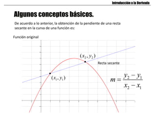 Algunos conceptos básicos.
Introducción a la Derivada
Función original
Recta secante
De acuerdo a lo anterior, la obtención de la pendiente de una recta
secante en la curva de una función es:
2 1
2 1
y y
m
x x
1 1( , )x y
2 2( , )x y
 