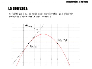 La derivada.
Introducción a la Derivada
Recuerda que lo que se desea es conocer un método para encontrar
el valor de la PENDIENTE DE UNA TANGENTE
1 1( , )x y
2 2( , )x y
tanm
 