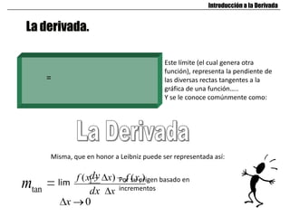 La derivada.
Introducción a la Derivada
tanm lim
0x
1 1( ) ( )f x x f x
x
Este límite (el cual genera otra
función), representa la pendiente de
las diversas rectas tangentes a la
gráfica de una función…..
Y se le conoce comúnmente como:
Misma, que en honor a Leibniz puede ser representada así:
dx
dy Por su origen basado en
incrementos
=
 