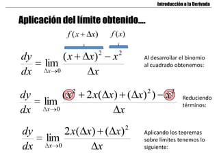 Aplicación del límite obtenido….
Introducción a la Derivada
x
xxx
dx
dy
x
22
0
)(
lim
)( xxf )(xf
Al desarrollar el binomio
al cuadrado obtenemos:
x
xxxxx
dx
dy
x
222
0
))()(2(
lim Reduciendo
términos:
x
xxx
dx
dy
x
2
0
)()(2
lim
Aplicando los teoremas
sobre límites tenemos lo
siguiente:
 