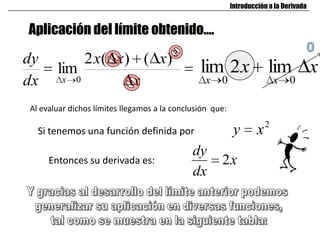 Aplicación del límite obtenido….
Introducción a la Derivada
x
xxx
dx
dy
x
2
0
)()(2
lim xx
xx 00
lim2lim
Al evaluar dichos límites llegamos a la conclusión que:
Si tenemos una función definida por
2
xy
Entonces su derivada es: x
dx
dy
2
 