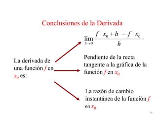 54
La derivada de
una función f en
x0 es:
Pendiente de la recta
tangente a la gráfica de la
función f en x0
La razón de cambio
instantánea de la función f
en x0
0 0
0
lim
h
f x h f x
h
Conclusiones de la Derivada
 