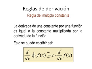 Reglas de derivación
Regla del múltiplo constante
La derivada de una constante por una función
es igual a la constante multiplicada por la
derivada de la función.
Esto se puede escribir así:
)()( xf
dx
d
cxfc
dx
d
 