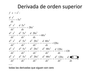Derivada de orden superior
5
5
4
2 5 4
3
2
3 5 2 4 3
2
3 2
4 5 3 4 2 3 2
4 3 2
5 5 4 4 3 3 2 2
5 4 3 2
6 5 5 4 4 3 3 2 2
6 5 4 3 2
:
5
5
20
5 20
60
5 20 60
120
5 20 60 120
120
5 20 60 120 12
f x x
d x
x
dx
d x d x
x
dx dx
d x d x d x
x
dx dx dx
d x d x d x d x
x
dx dx dx dx
d x d x d x d x d x
dx dx dx dx dx
d x d x d x d x d x d
dx dx dx dx dx
0
0
dx
.....
todas las derivadas que siguen son cero
 
