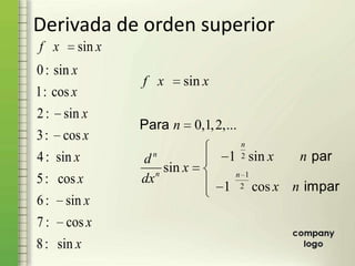 Derivada de orden superior
sin
0: sin
1: cos
2: sin
3: cos
4: sin
5: cos
6: sin
7 : cos
8: sin
f x x
x
x
x
x
x
x
x
x
x
2
1
2
sin
0,1,2,...
1 sin
sin
1 cos
n
n
n n
f x x
n
x nd
x
dx
x n
Para
par
impar
 