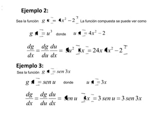 Ejemplo 2:
Sea la función
32
24xxg
.
3
uug 24 2
xxu
La función compuesta se puede ver como
donde
.
222
242483 xxxu
dx
du
du
dg
dx
dg
Ejemplo 3:
Sea la función xsenxg 3
usenug donde xxu 3
3333 xsenusenxusen
dx
du
du
dg
dx
dg
 