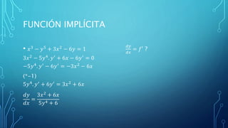 FUNCIÓN IMPLÍCITA
• 𝑥3 − 𝑦5 + 3𝑥2 − 6𝑦 = 1
𝑑𝑦
𝑑𝑥
= 𝑓′ ?
3𝑥2 − 5𝑦4. 𝑦′ + 6𝑥 − 6𝑦′ = 0
−5𝑦4. 𝑦′ − 6𝑦′ = −3𝑥2 − 6𝑥
(*-1)
5𝑦4
. 𝑦′
+ 6𝑦′
= 3𝑥2
+ 6𝑥
𝑑𝑦
𝑑𝑥
=
3𝑥2
+ 6𝑥
5𝑦4 + 6
 