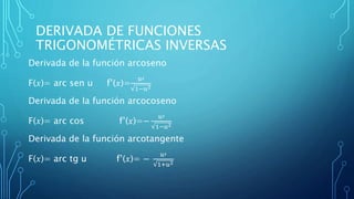 DERIVADA DE FUNCIONES
TRIGONOMÉTRICAS INVERSAS
Derivada de la función arcoseno
F(𝑥)= arc sen u f’(𝑥)=
𝑢′
1−𝑢2
Derivada de la función arcocoseno
F(𝑥)= arc cos f’(𝑥)=−
𝑢′
1−𝑢2
Derivada de la función arcotangente
F(𝑥)= arc tg u f’(𝑥)= −
𝑢′
1+𝑢2
 