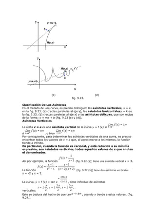 (c) (d)
fig. 9.23.
Clasificación De Las Asintotas
En el trazado de una curva, es preciso distinguir: las asíntotas verticales, x = a
en la fig. 9.23. (a) (rectas paralelas al eje y), las asíntotas horizontalesy = k en
la fig. 9.23. (b) (rectas paralelas al eje x) y las asíntotas oblicuas, que son rectas
de la forma: y = mx + b (fig. 9.23 (c) y (d)).
Asíntotas Verticales
La recta x = a es una asíntota vertical de la curva y = f (x) si
ó , o bien .
Por consiguiente, para determinar las asíntotas verticales de una curva, es preciso
encontrar todos los valores de x = a que, al aproximarse a los mismos, la función
tiende a infinito.
En particular, cuando la función es racional, y está reducida a su mínima
expresión, son asíntotas verticales, todos aquellos valores de x que anulan
el denominador.
Asi por ejemplo, la función (fig. 9.22.(a)) tiene una asíntota vertical x = 3.
La función (fig. 9.22.(b)) tiene dos asíntotas verticales:
x = -2 y x = 2.
La curva, y = f (x) = tan x , tiene infinidad de asíntotas
verticales:
Esto se deduce del hecho de que tan , cuando x tiende a estos valores. (fig.
9.24.).
 