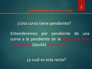 3
La Pendiente de una Curva
¿Una curva tiene pendiente?
Entenderemos por pendiente de una
curva a la pendiente de la recta que mas
se asemeja (ajusta) a la curva.
¿y cuál es esta recta?
 