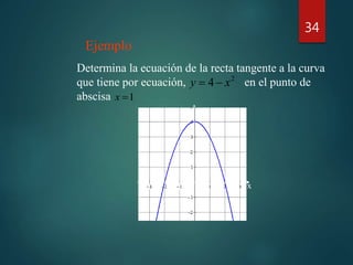 34
Determina la ecuación de la recta tangente a la curva
que tiene por ecuación, en el punto de
abscisa
2
4 xy 
1x
y
x
Ejemplo
 