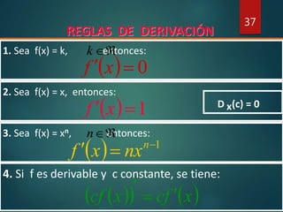 37
REGLAS DE DERIVACIÓN
4. Si f es derivable y c constante, se tiene:
    xfcxcf 

3. Sea f(x) = xn, entonces:
  1
 n
nxxf
n
1. Sea f(x) = k, entonces:
  0 xf
k
D (c) = 0x
2. Sea f(x) = x, entonces:
  1 xf
 