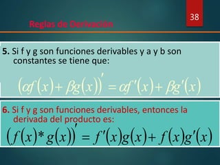 Reglas de Derivación
38
5. Si f y g son funciones derivables y a y b son
constantes se tiene que:
        xgxfxgxf +

+ 
6. Si f y g son funciones derivables, entonces la
derivada del producto es:
            xgxfxgxfxgxf +

*
 