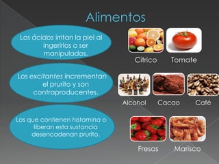 Los ácidos irritan la piel al
        ingerirlos o ser
        manipulados.
                                    Cítrico      Tomate

Los excitantes incrementan
        el prurito y son
     contraproducentes.
                                 Alcohol      Cacao   Café

Los que contienen histamina o
      liberan esta sustancia
     desencadenan prurito.

                                     Fresas      Marisco
 