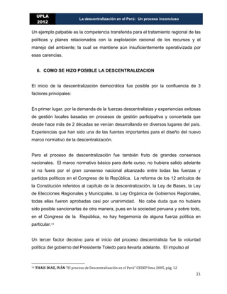 LA DESCENTRALIZACION EN EL PERÚ Un proceso inconcluso. | PDF