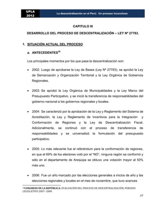 LA DESCENTRALIZACION EN EL PERÚ Un proceso inconcluso. | PDF