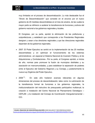 LA DESCENTRALIZACION EN EL PERÚ Un proceso inconcluso. | PDF