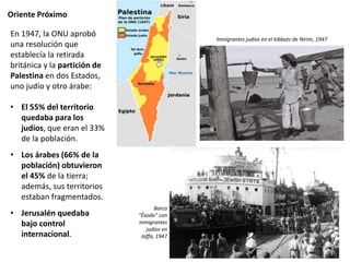 Oriente Próximo
En 1947, la ONU aprobó
una resolución que
establecía la retirada
británica y la partición de
Palestina en dos Estados,
uno judío y otro árabe:
• El 55% del territorio
quedaba para los
judíos, que eran el 33%
de la población.
• Los árabes (66% de la
población) obtuvieron
el 45% de la tierra;
además, sus territorios
estaban fragmentados.
• Jerusalén quedaba
bajo control
internacional.
Barco
“Éxodo” con
inmigrantes
judíos en
Jaffa, 1947
Inmigrantes judíos en el kibbutz de Nirim, 1947
 