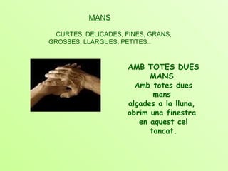 MANS   CURTES, DELICADES, FINES, GRANS, GROSSES, LLARGUES, PETITES ... AMB TOTES DUES MANS  Amb totes dues mans  alçades a la lluna,  obrim una finestra  en aquest cel tancat. 