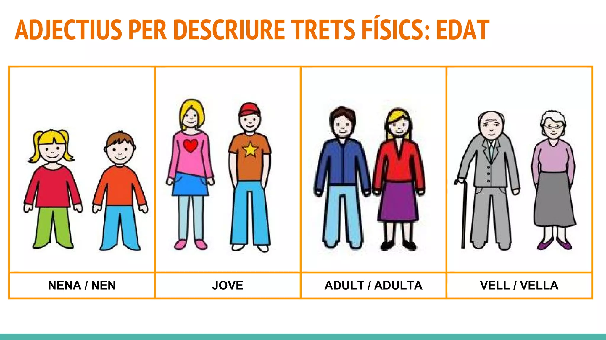 ADJECTIUS PER DESCRIURE TRETS FÍSICS: EDAT
NENA / NEN JOVE ADULT / ADULTA VELL / VELLA
 